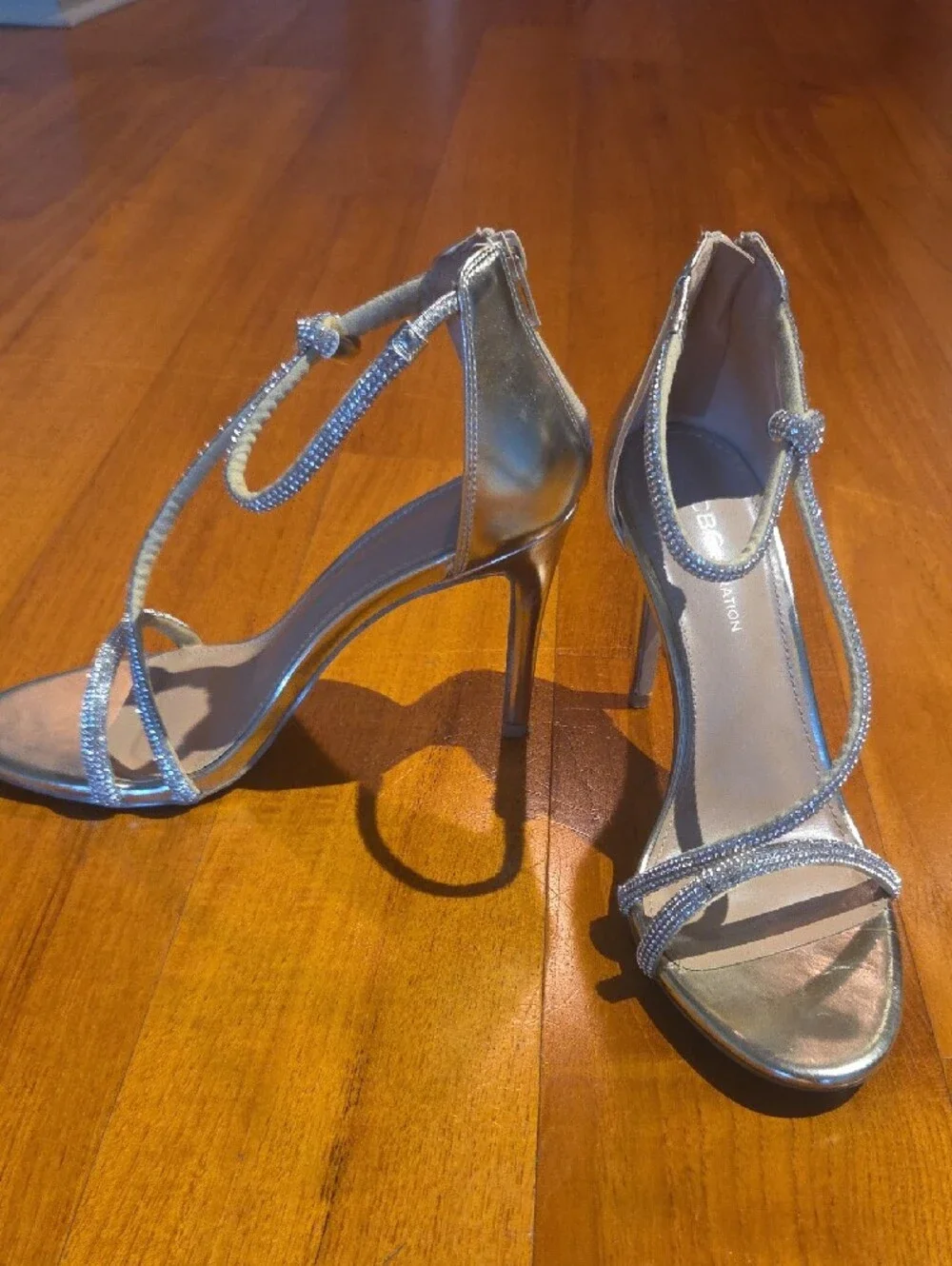 BCBGeneration Silver Strappy Rhinestone Heels
